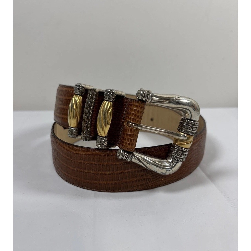 Vintage Brighton 1996 Leather Belt Western Brown Gold Silver Buckle M 31"